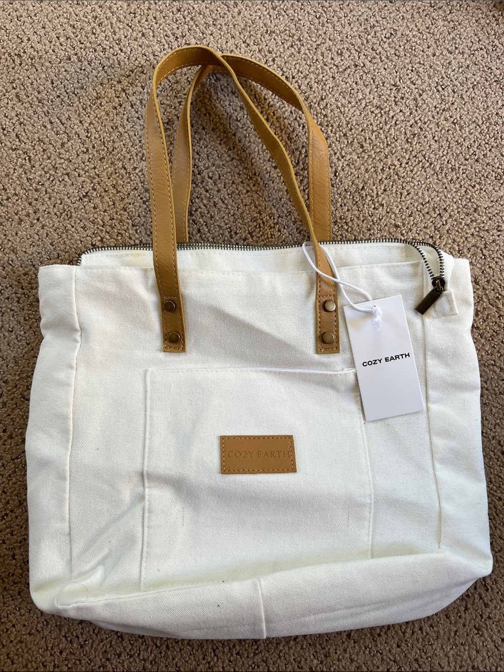 Cozy Earth Canvas Tote with Tan Leather Handles